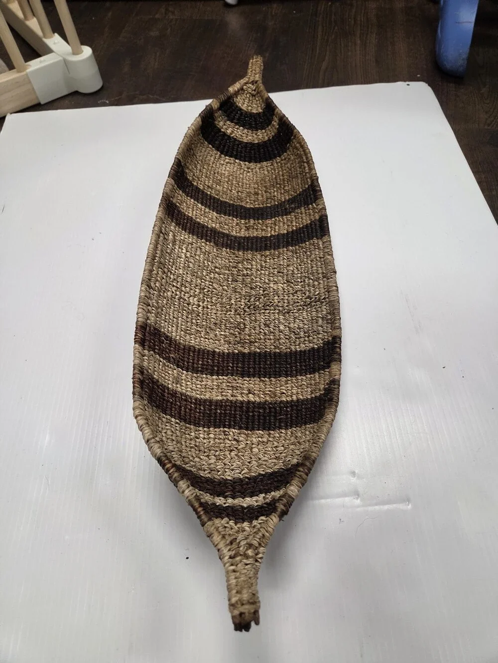 Vintage Hand Woven African Boat Shaped Basket Tray Striped Boho Wall Art Decor 2